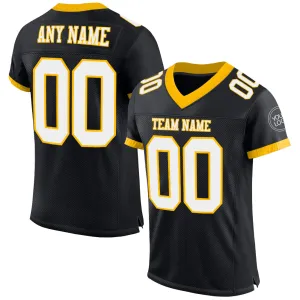 Custom Black White-Gold Mesh Authentic Football Jersey FansIdea