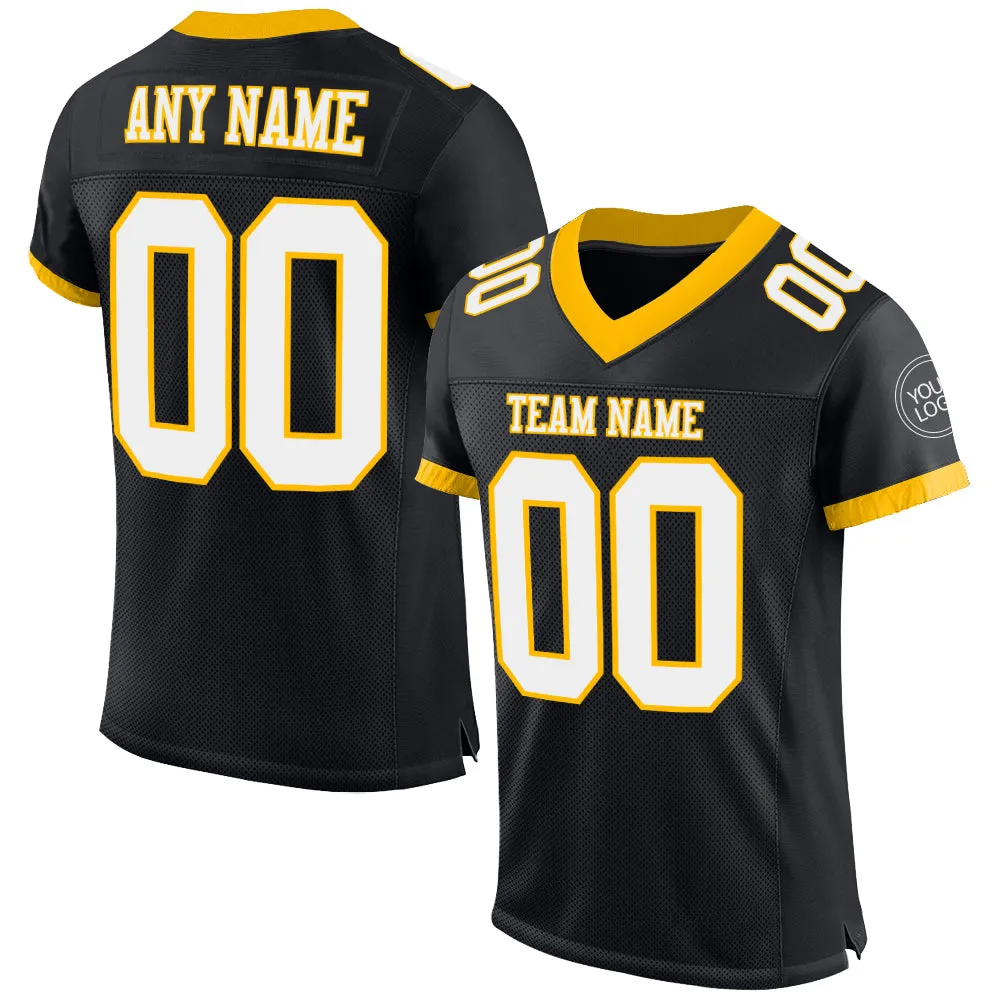 Custom Black White-Gold Mesh Authentic Football Jersey FansIdea