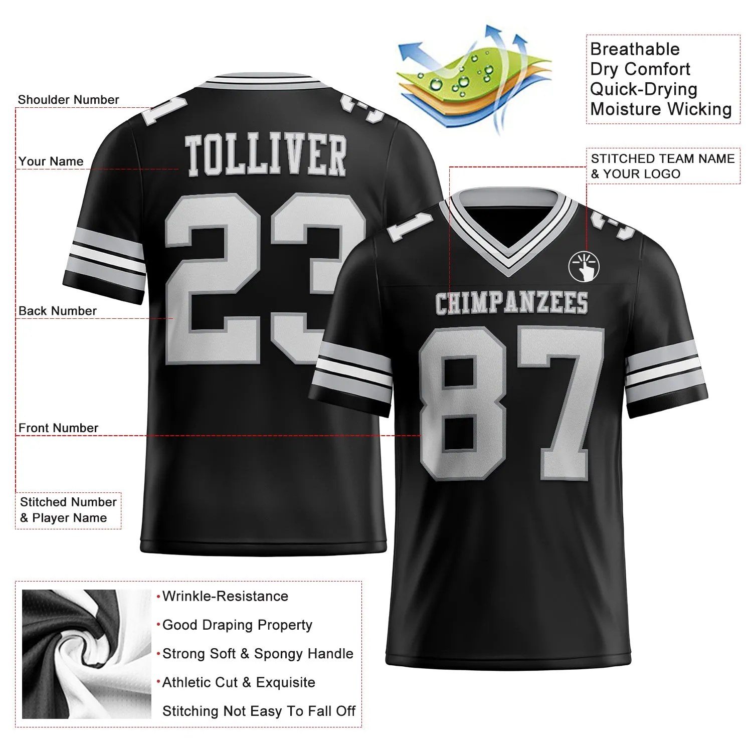 Custom Black White-Gray Mesh Authentic Football Jersey FansIdea