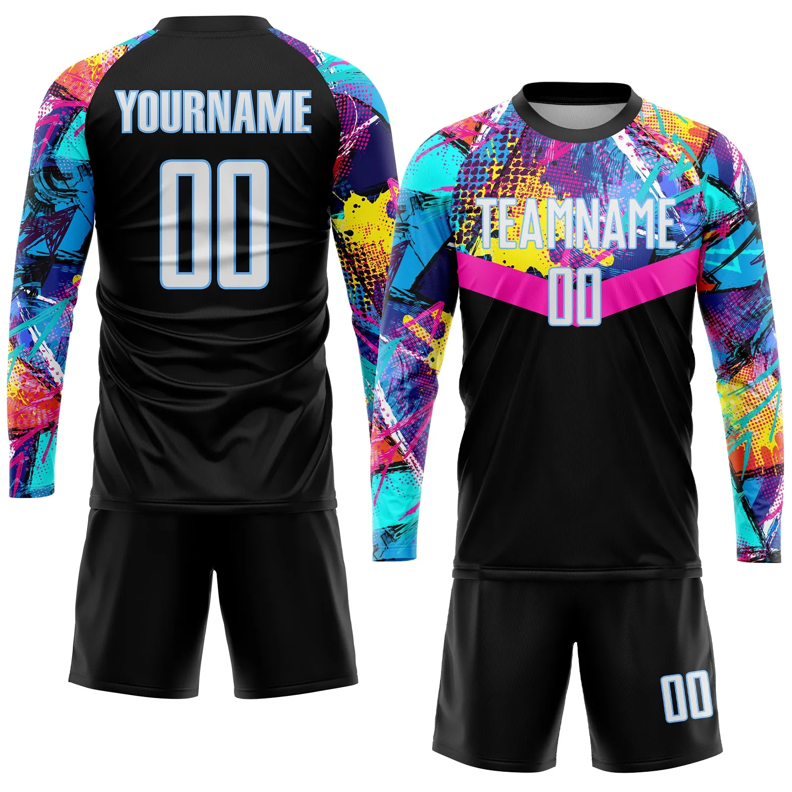 Custom Black White-Light Blue Sublimation Soccer Uniform Jersey FansIdea