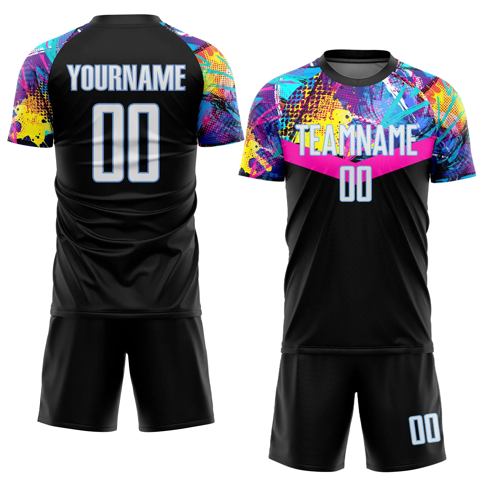 Custom Black White-Light Blue Sublimation Soccer Uniform Jersey FansIdea