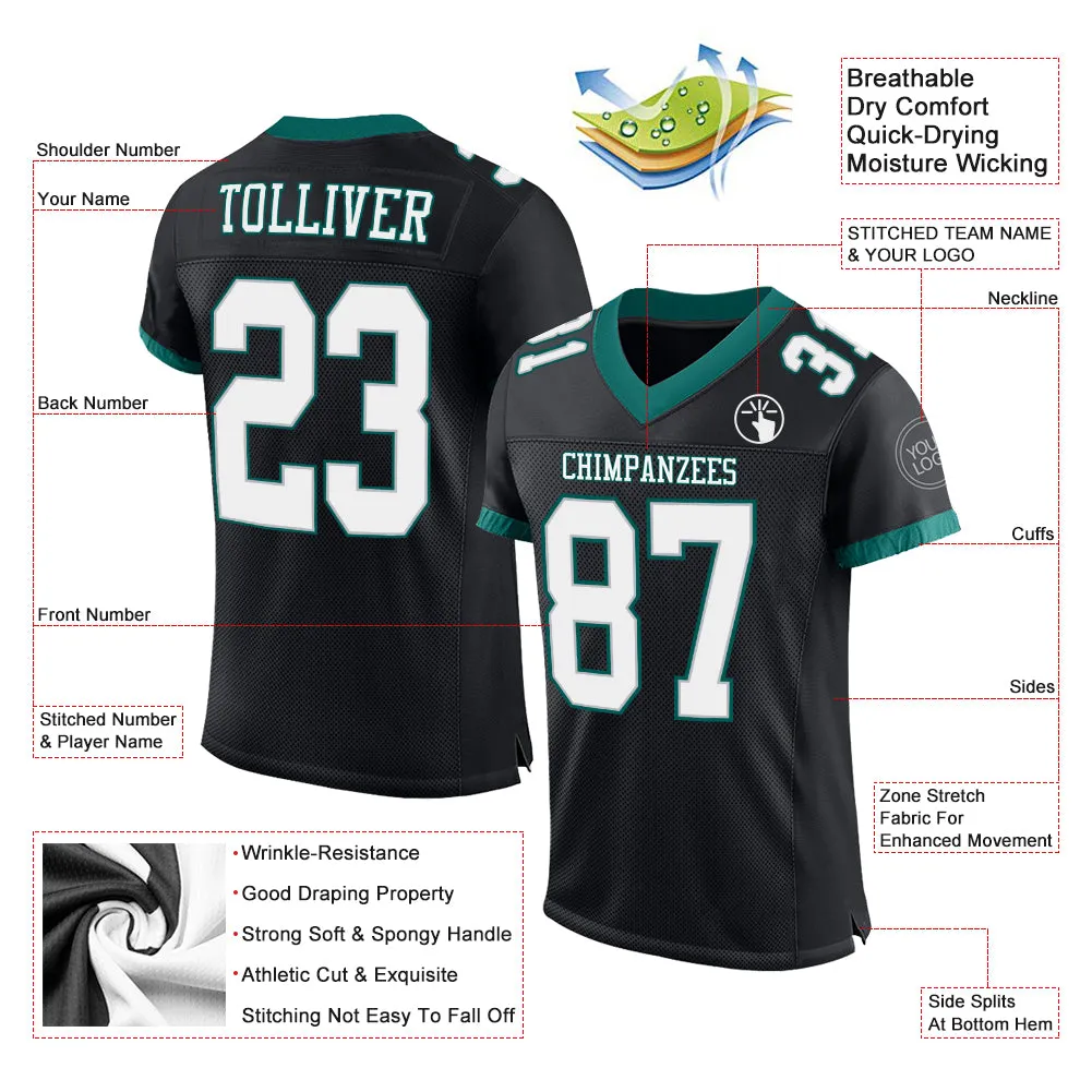 Custom Black White-Midnight Green Mesh Authentic Football Jersey FansIdea