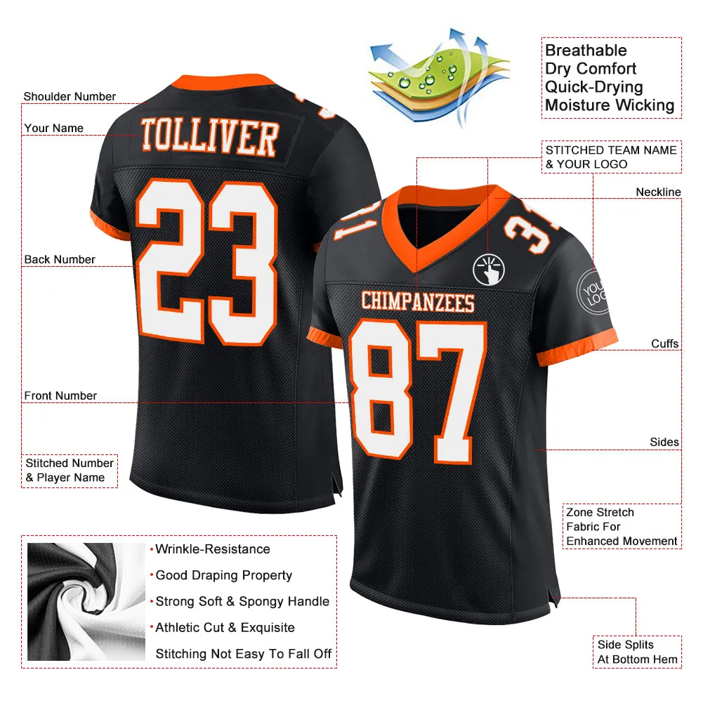 Custom Black White-Orange Mesh Authentic Football Jersey FansIdea
