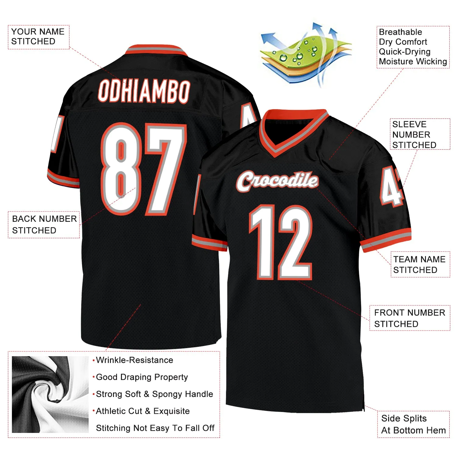 Custom Black White-Orange Mesh Authentic Throwback Football Jersey FansIdea