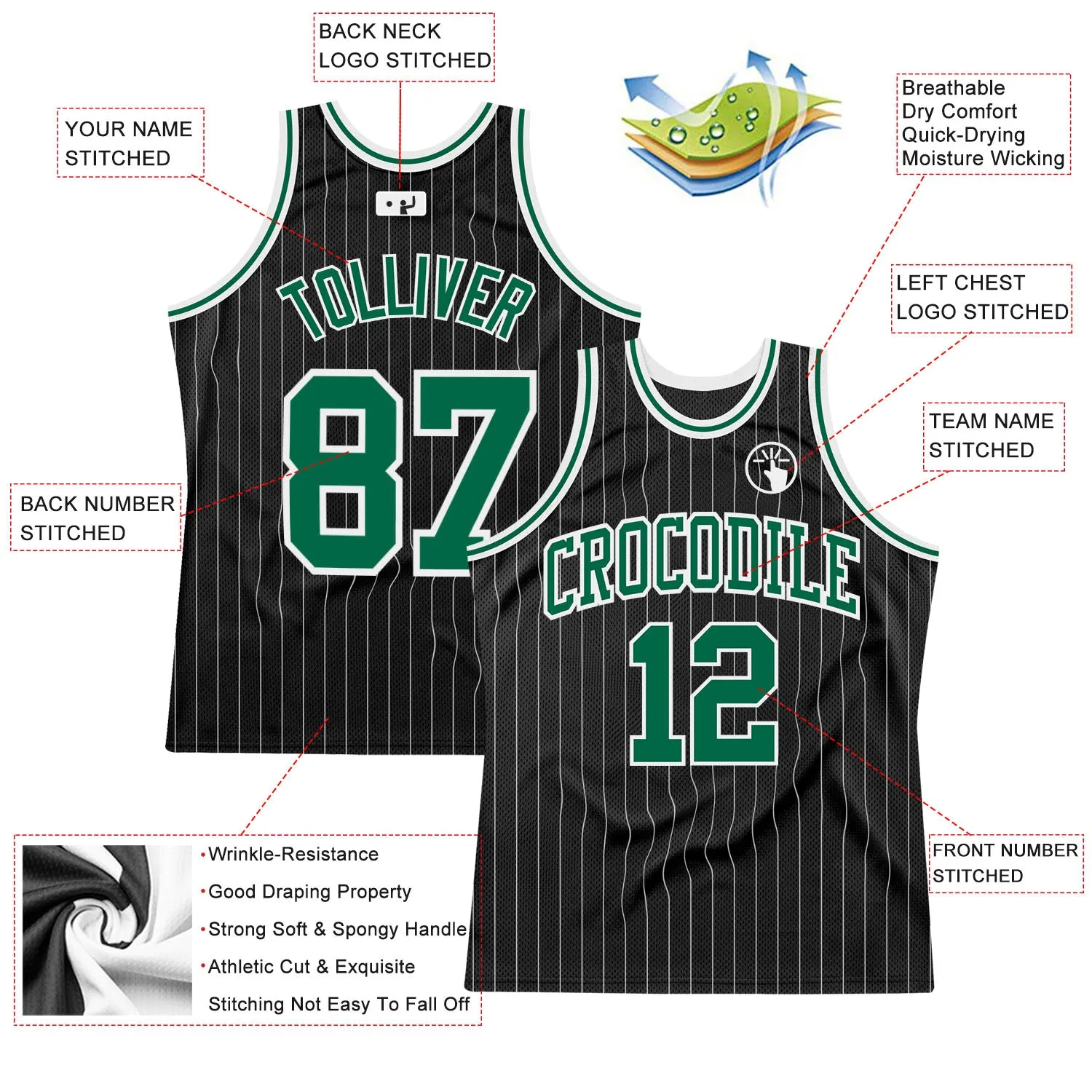 Custom Black White Pinstripe Kelly Green-White Authentic Basketball Jersey FansIdea