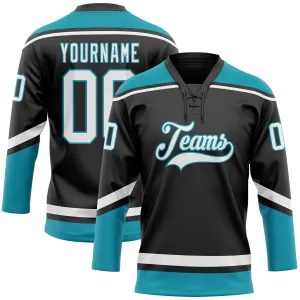 Custom Black White-Teal Hockey Lace Neck Jersey FansIdea