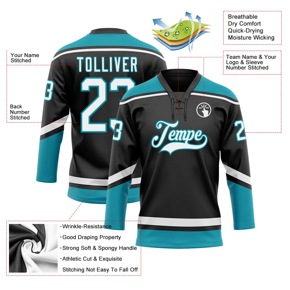 Custom Black White-Teal Hockey Lace Neck Jersey FansIdea