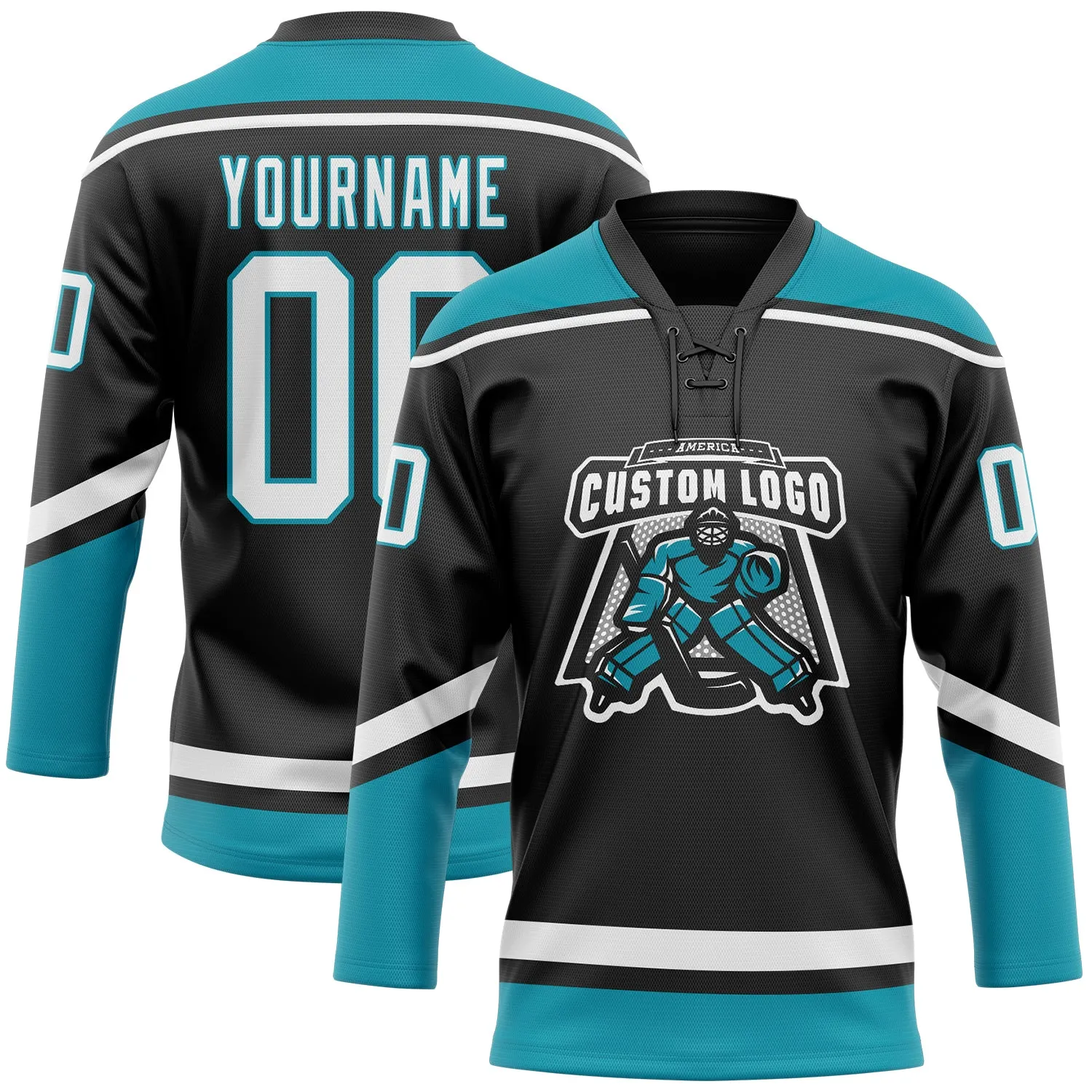 Custom Black White-Teal Hockey Lace Neck Jersey FansIdea