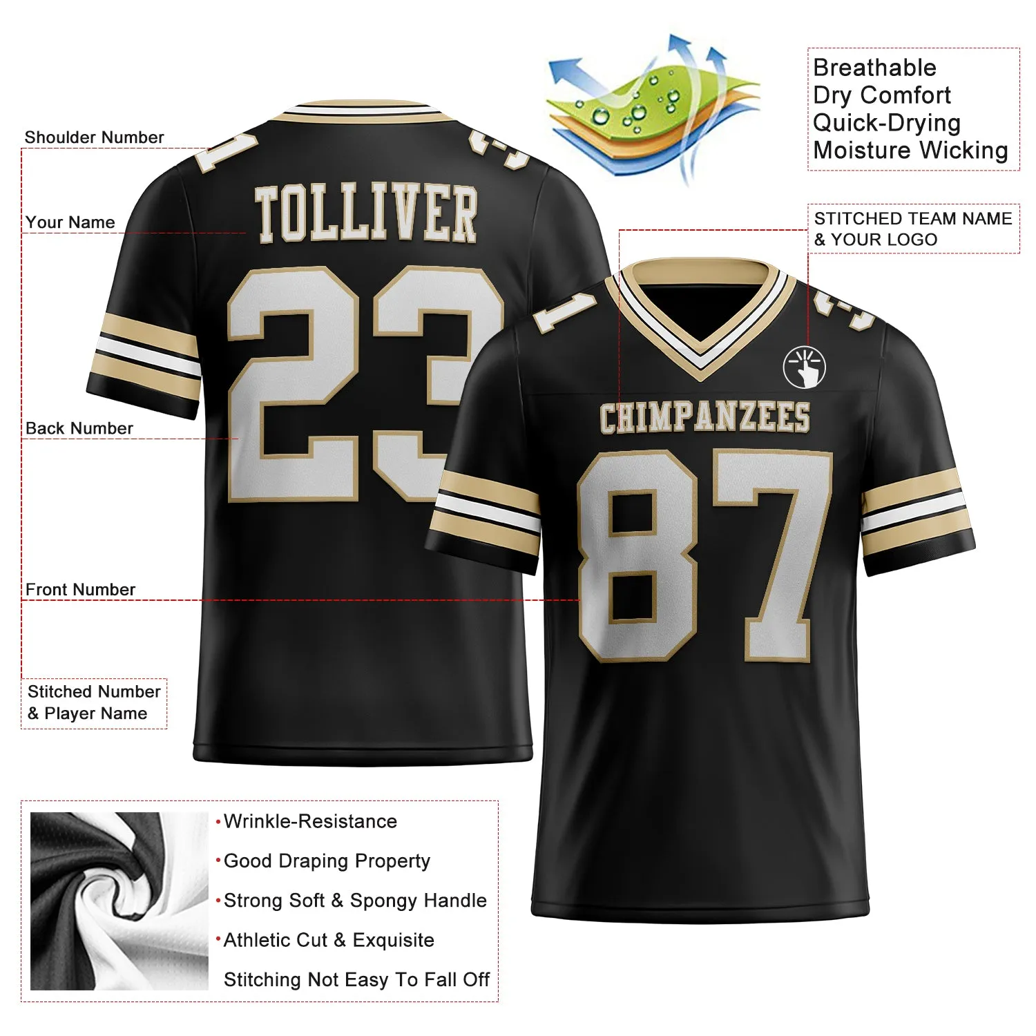 Custom Black White-Vegas Gold Mesh Authentic Football Jersey FansIdea