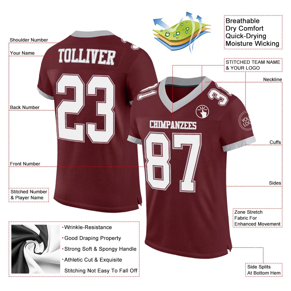 Custom Burgundy White-Gray Mesh Authentic Football Jersey FansIdea