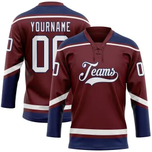 Custom Burgundy White-Navy Hockey Lace Neck Jersey FansIdea