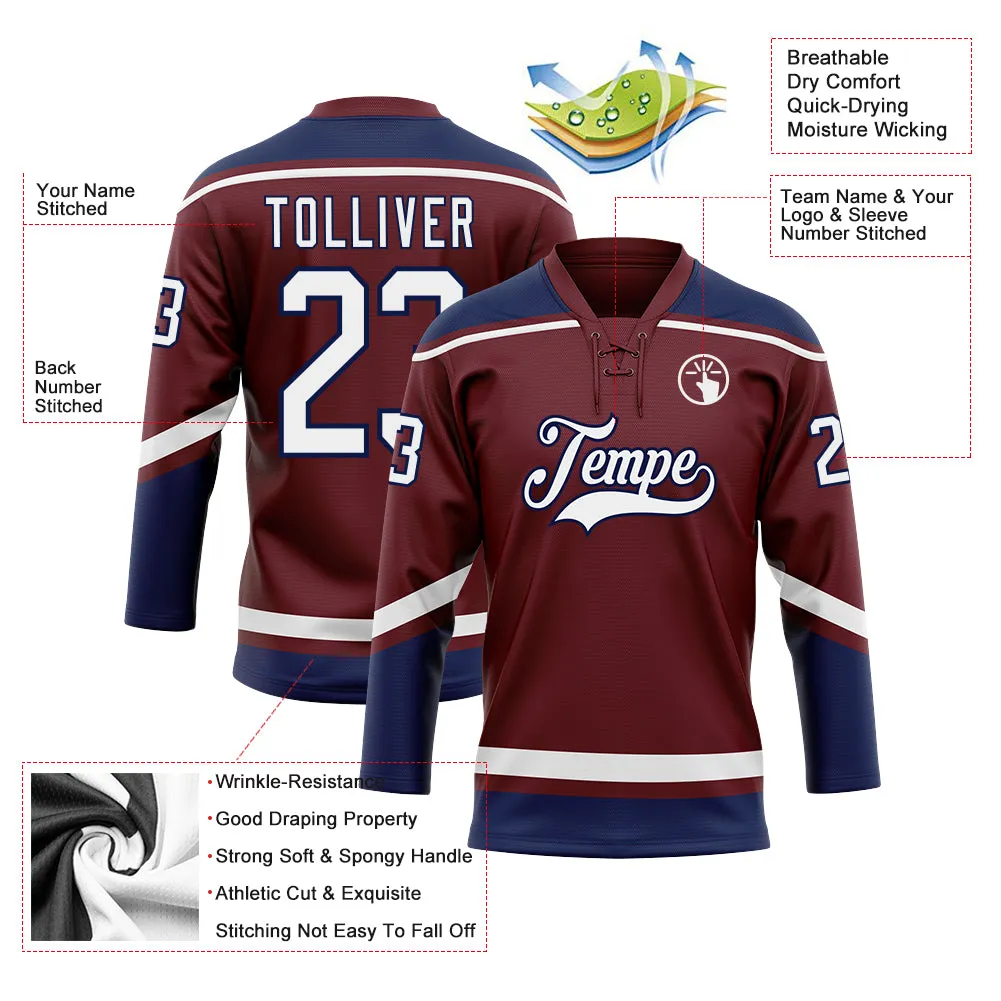 Custom Burgundy White-Navy Hockey Lace Neck Jersey FansIdea