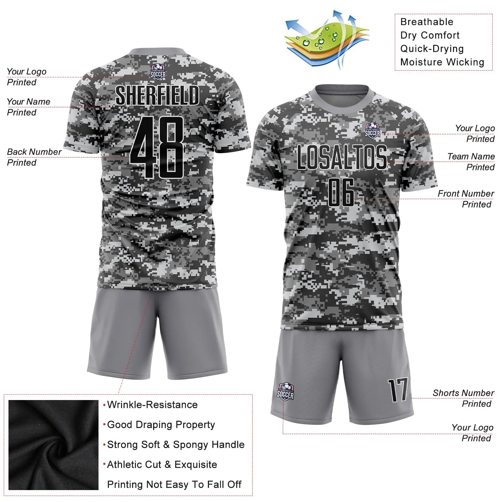 Custom Camo Black-Gray Sublimation Salute To Service Soccer Uniform Jersey FansIdea