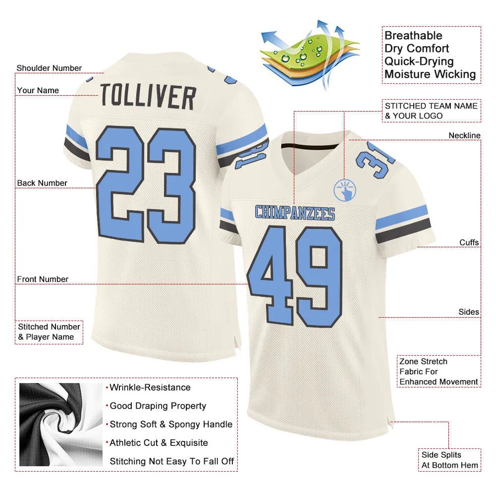 Custom Cream Light Blue-Steel Gray Mesh Authentic Football Jersey FansIdea