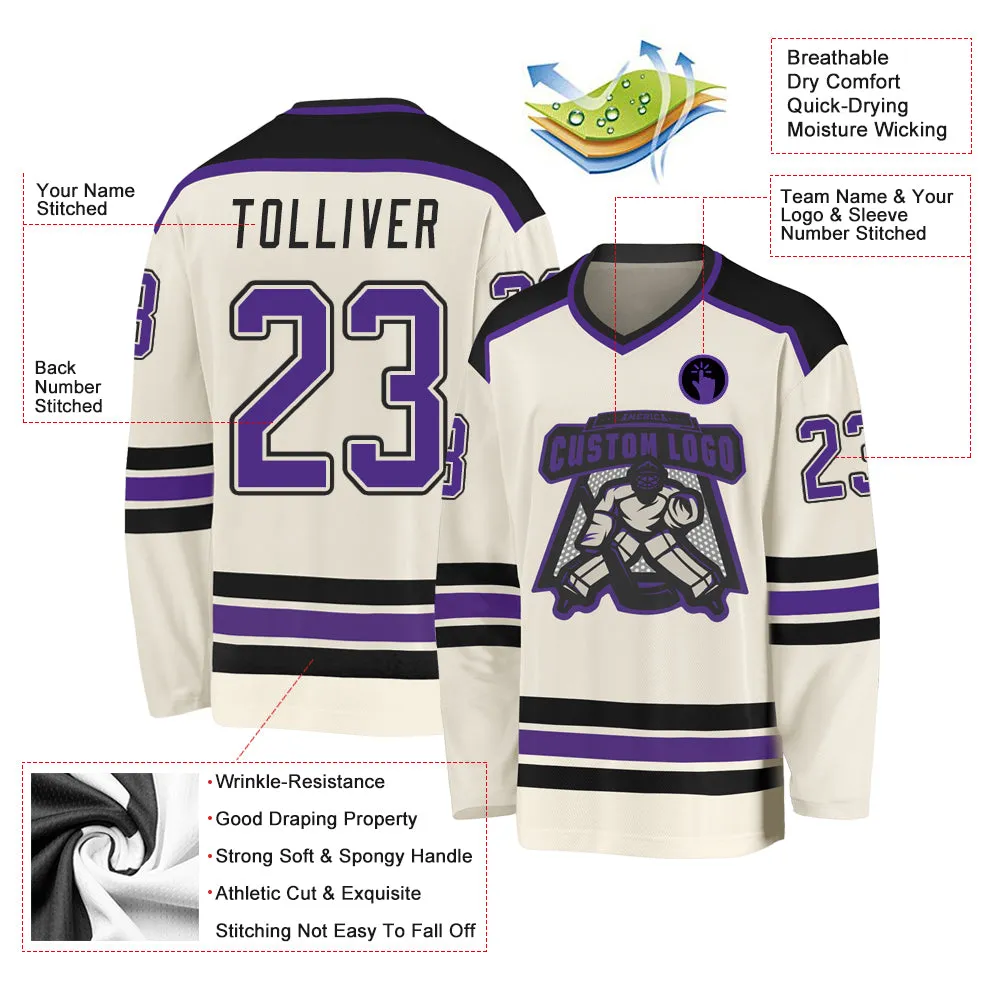 Custom Cream Purple-Black Hockey Jersey FansIdea