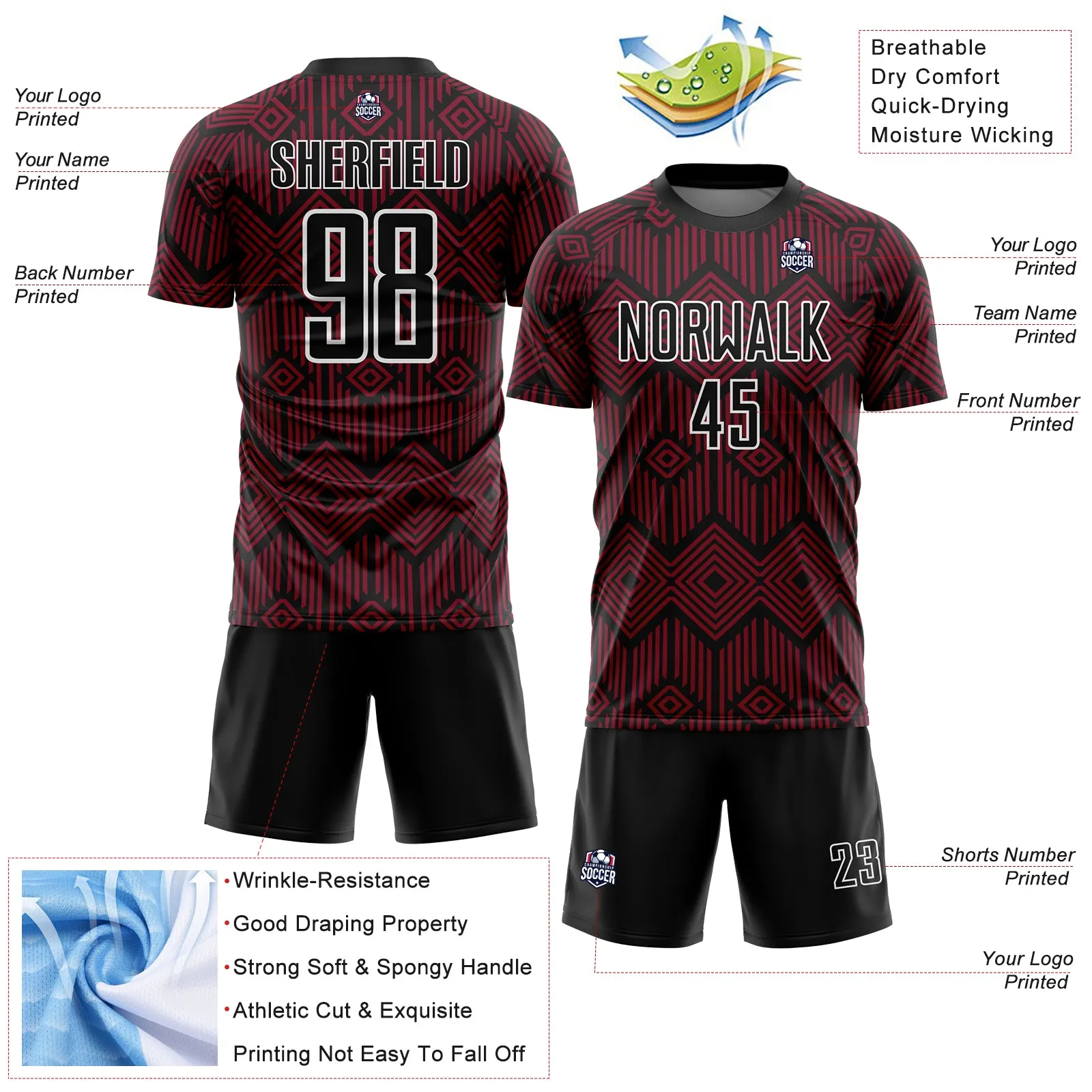 Custom Crimson Black-White Abstract Geometric Shapes Sublimation Soccer Uniform Jersey FansIdea