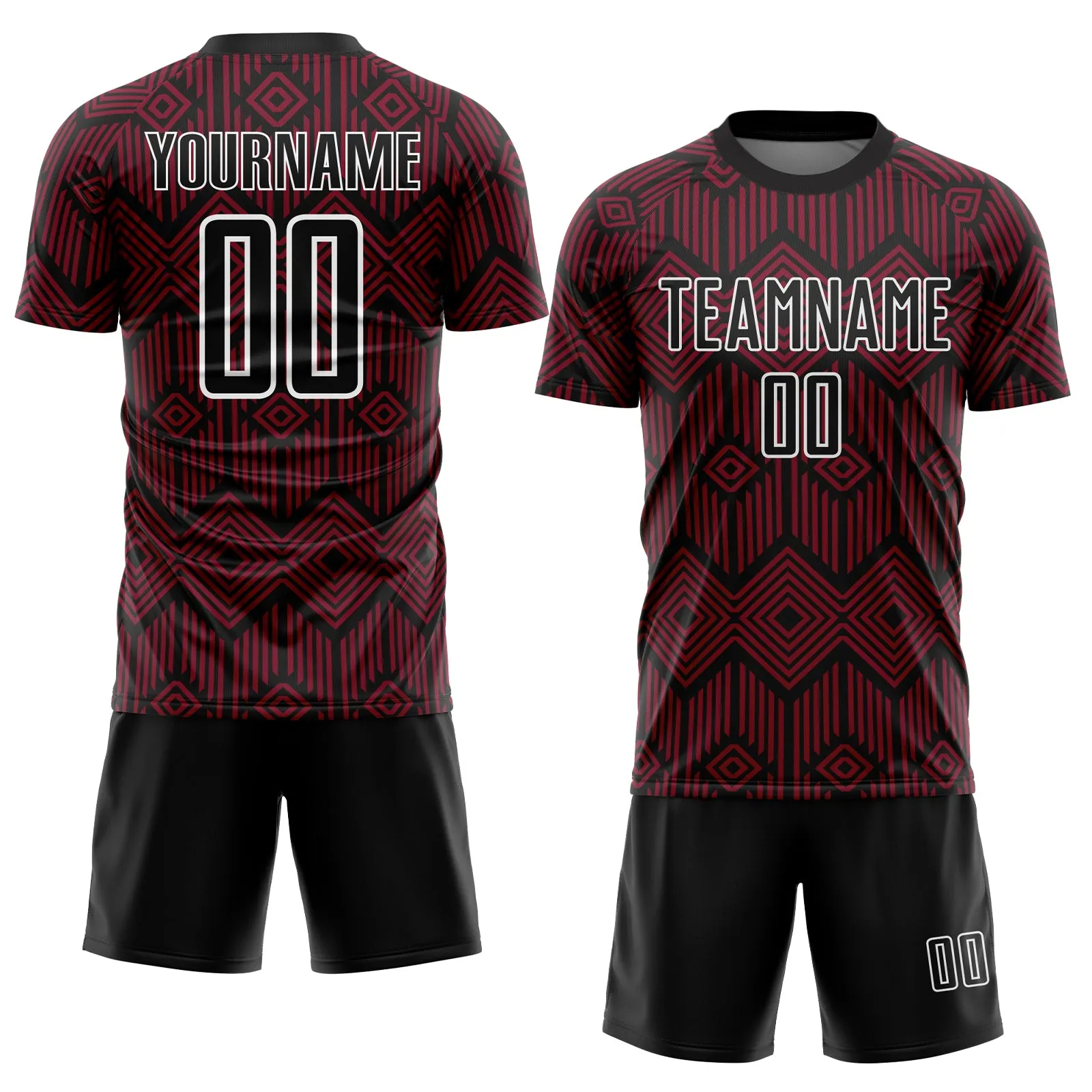 Custom Crimson Black-White Abstract Geometric Shapes Sublimation Soccer Uniform Jersey FansIdea