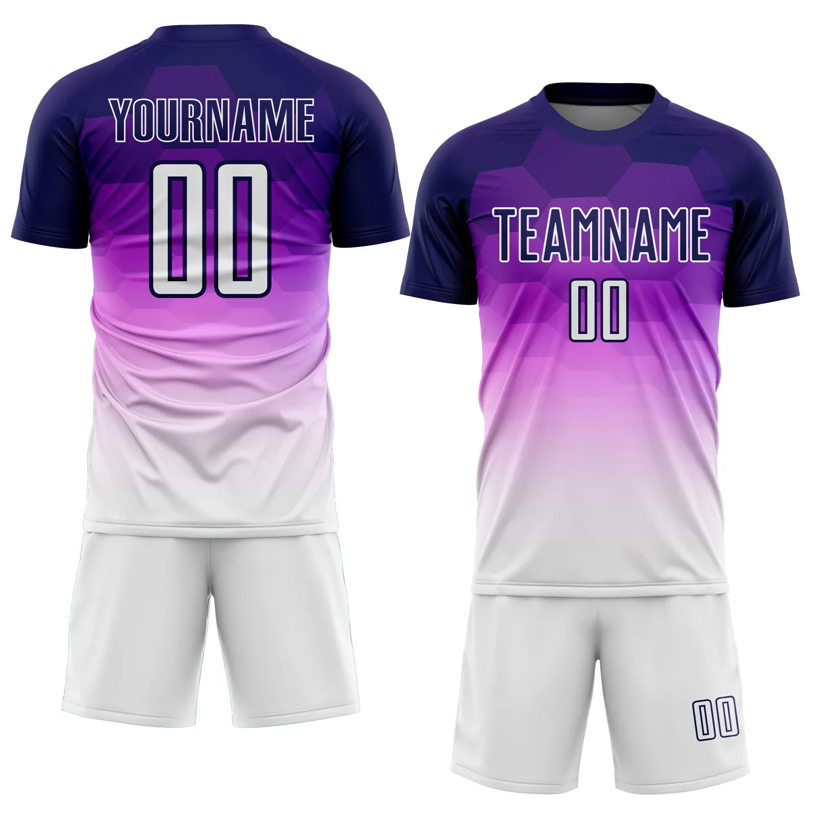 Custom Dark Purple White Gradient Hexagons Pattern Sublimation Soccer Uniform Jersey FansIdea