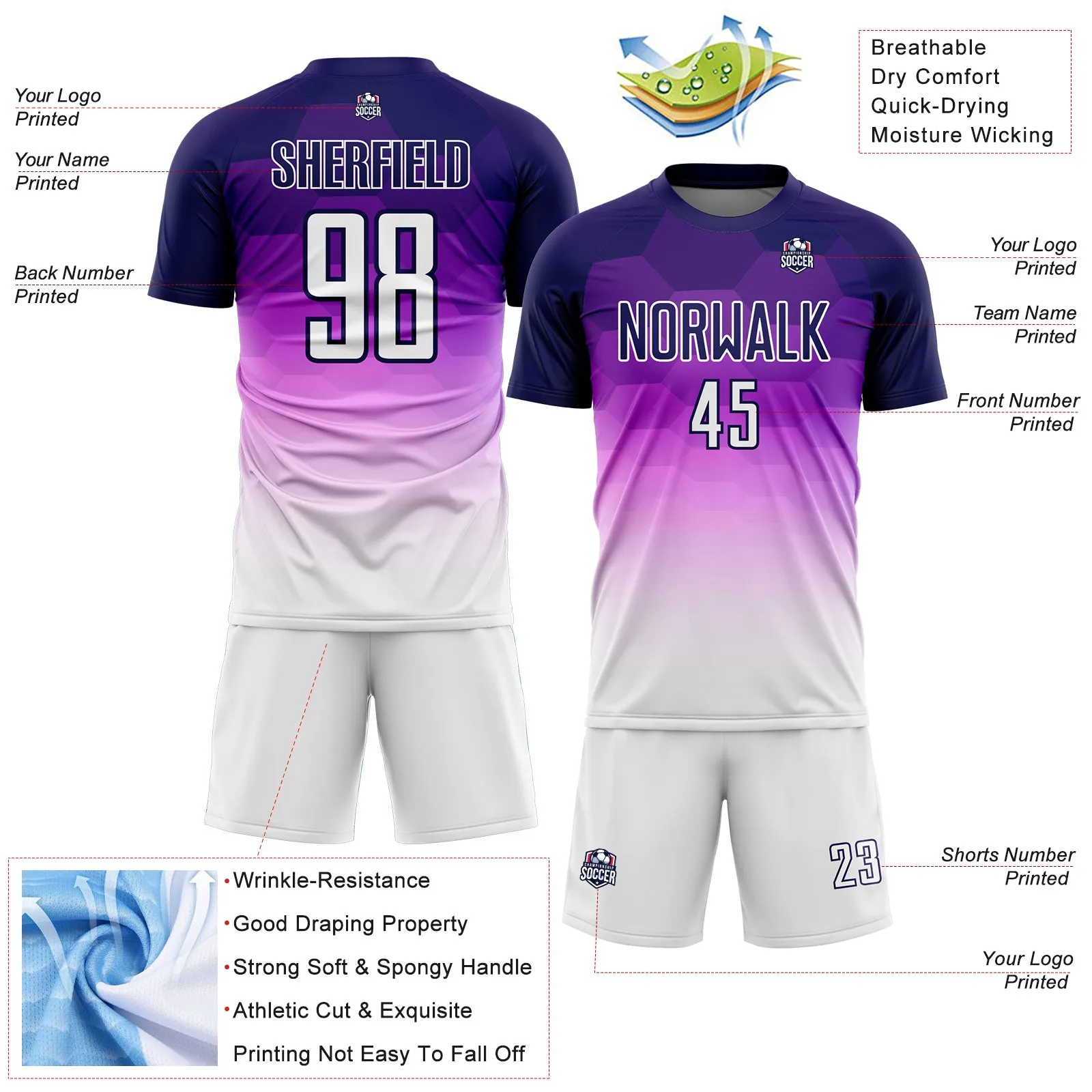 Custom Dark Purple White Gradient Hexagons Pattern Sublimation Soccer Uniform Jersey FansIdea