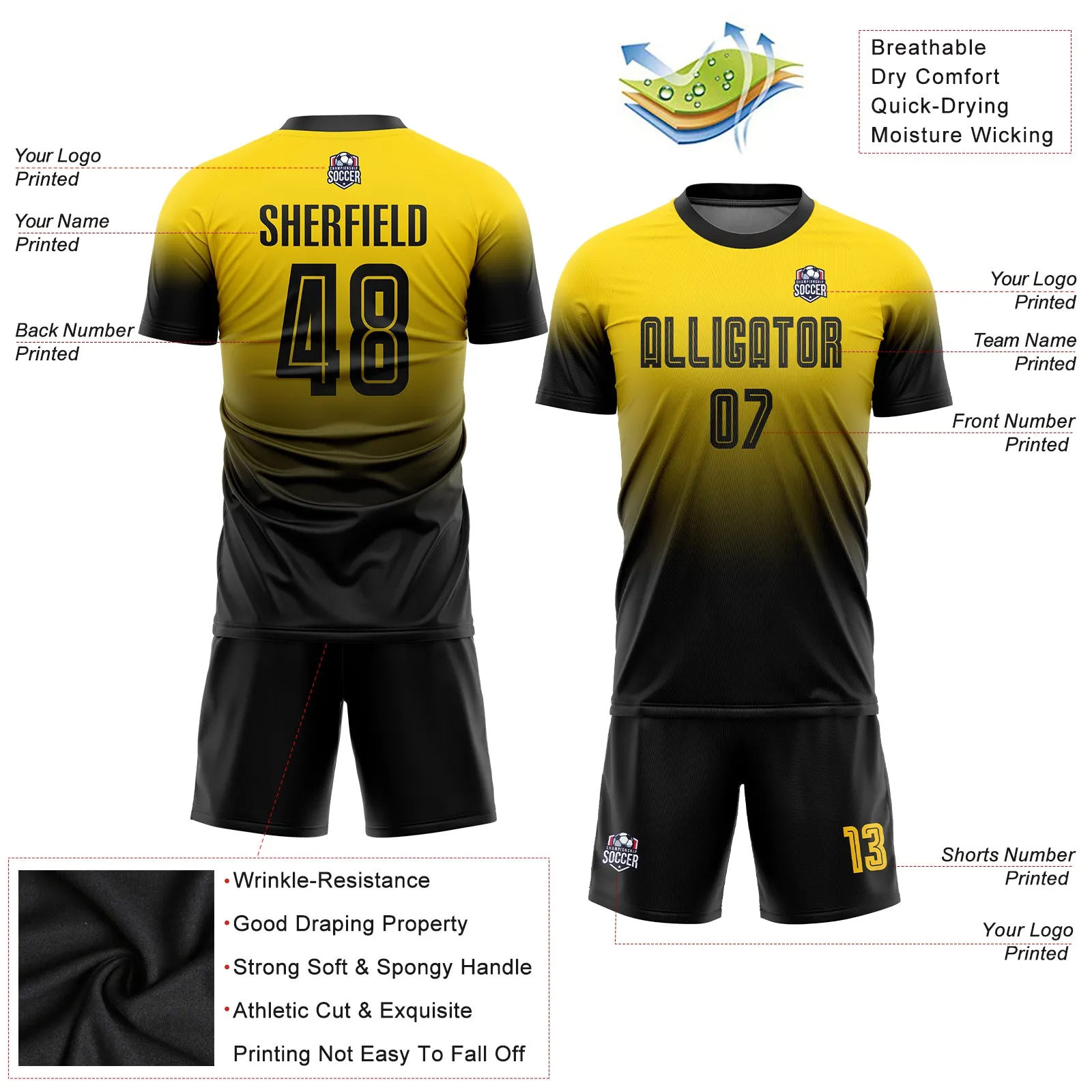 Custom Gold Black Sublimation Fade Fashion Soccer Uniform Jersey FansIdea
