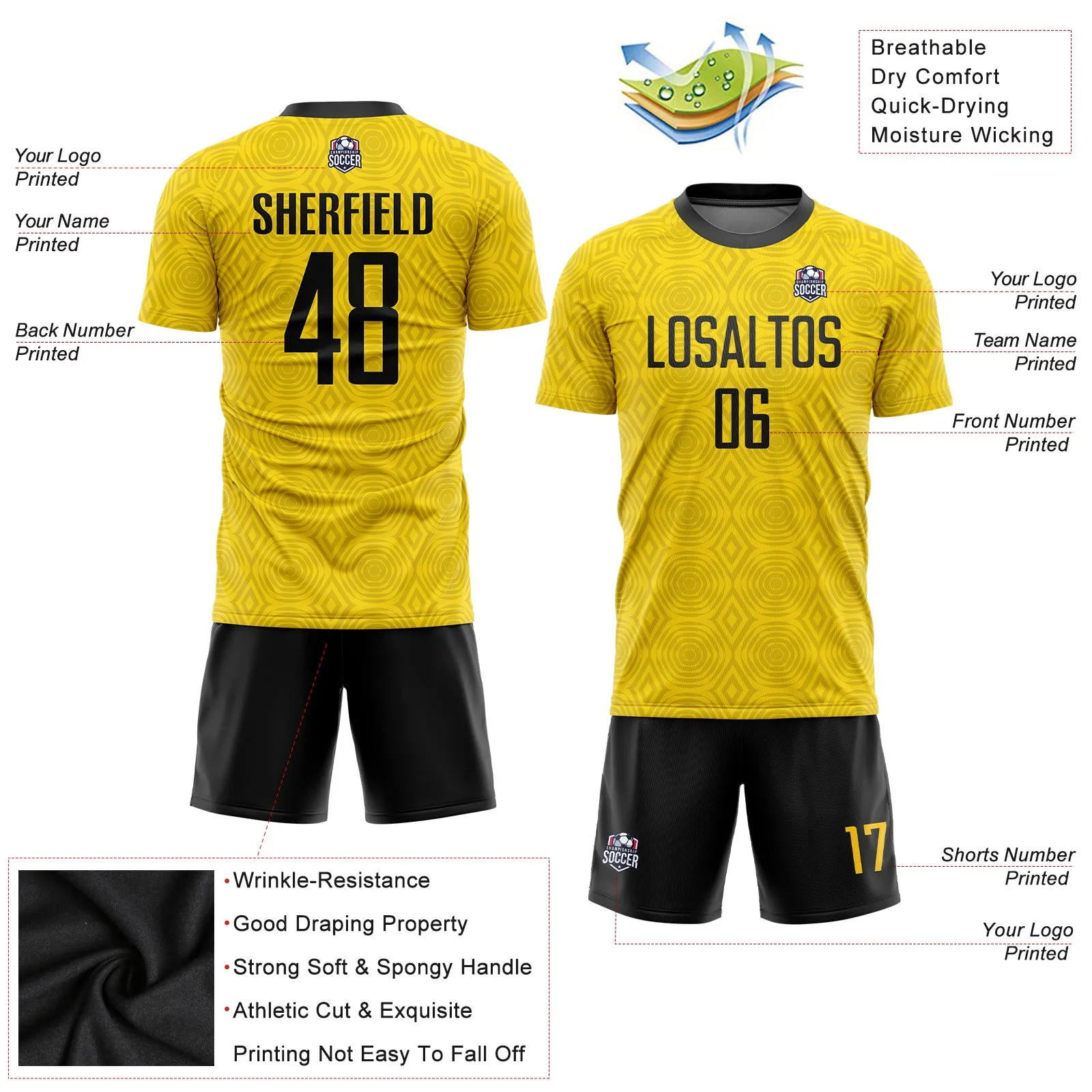 Custom Gold Black Sublimation Soccer Uniform Jersey FansIdea