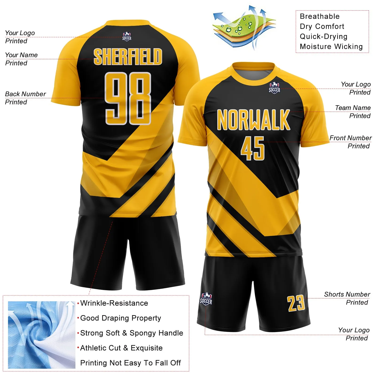 Custom Gold Black-White Arrow Shapes Sublimation Soccer Uniform Jersey FansIdea