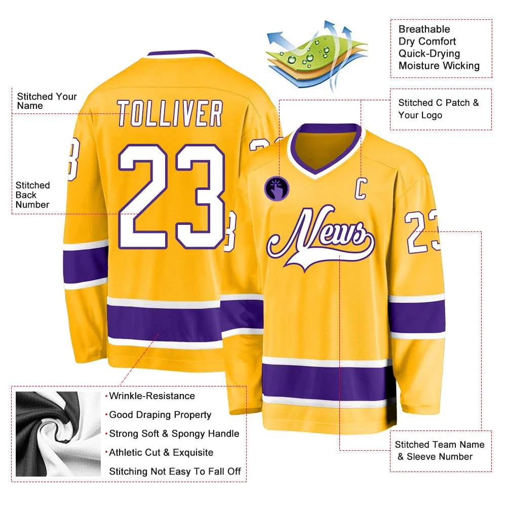 Custom Gold White-Purple Hockey Jersey FansIdea