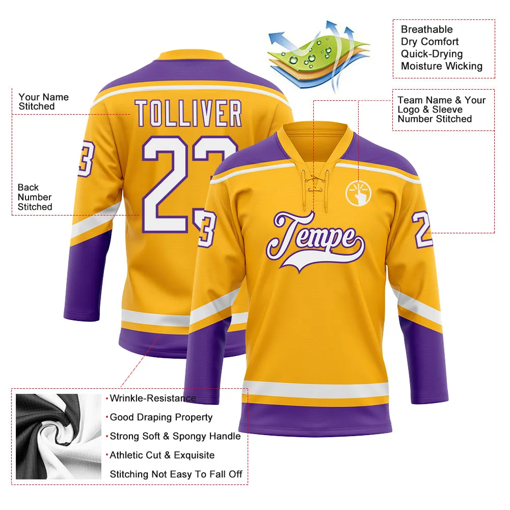 Custom Gold White-Purple Hockey Lace Neck Jersey FansIdea