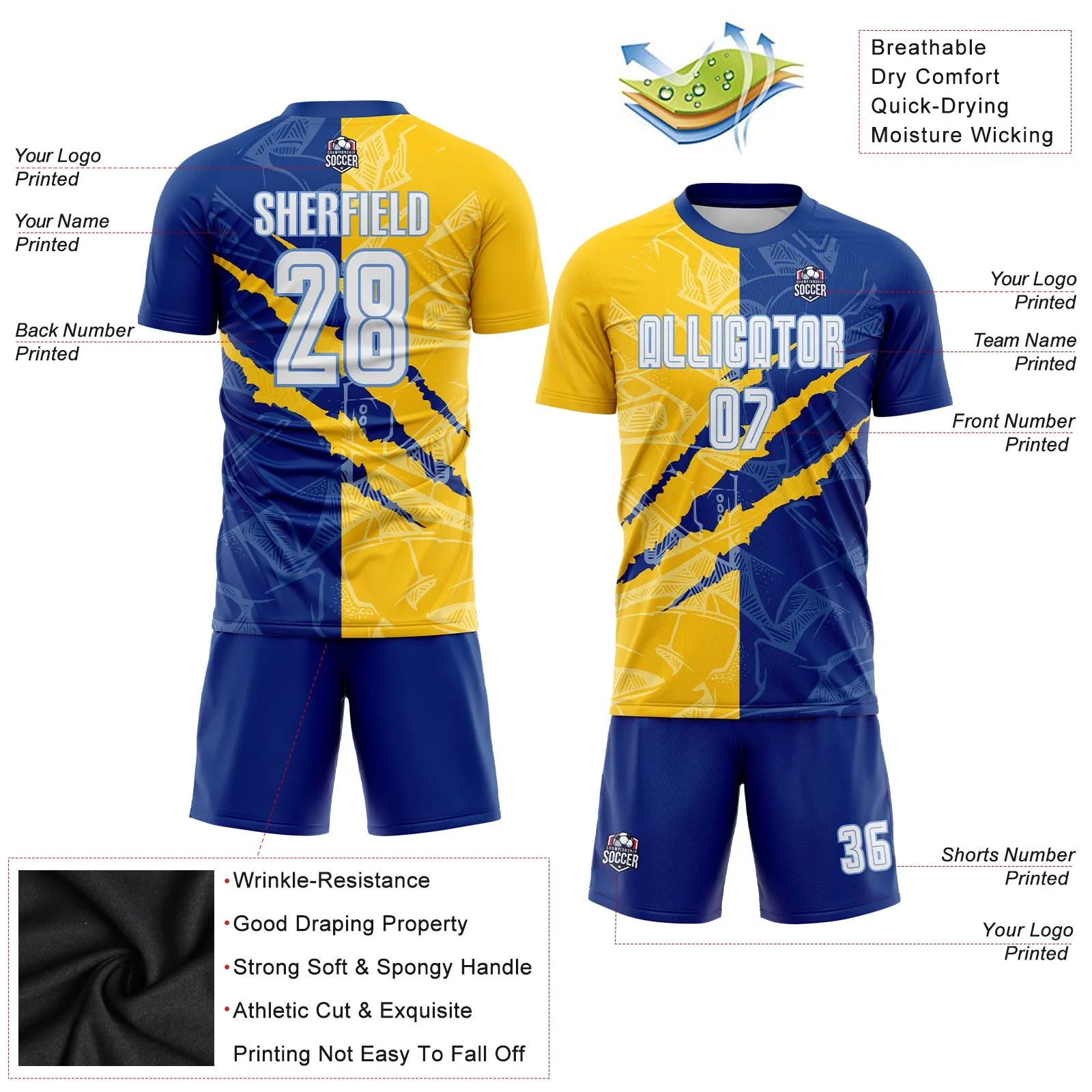 Custom Graffiti Pattern White Royal Yellow-Light Blue Scratch Sublimation Soccer Uniform Jersey FansIdea