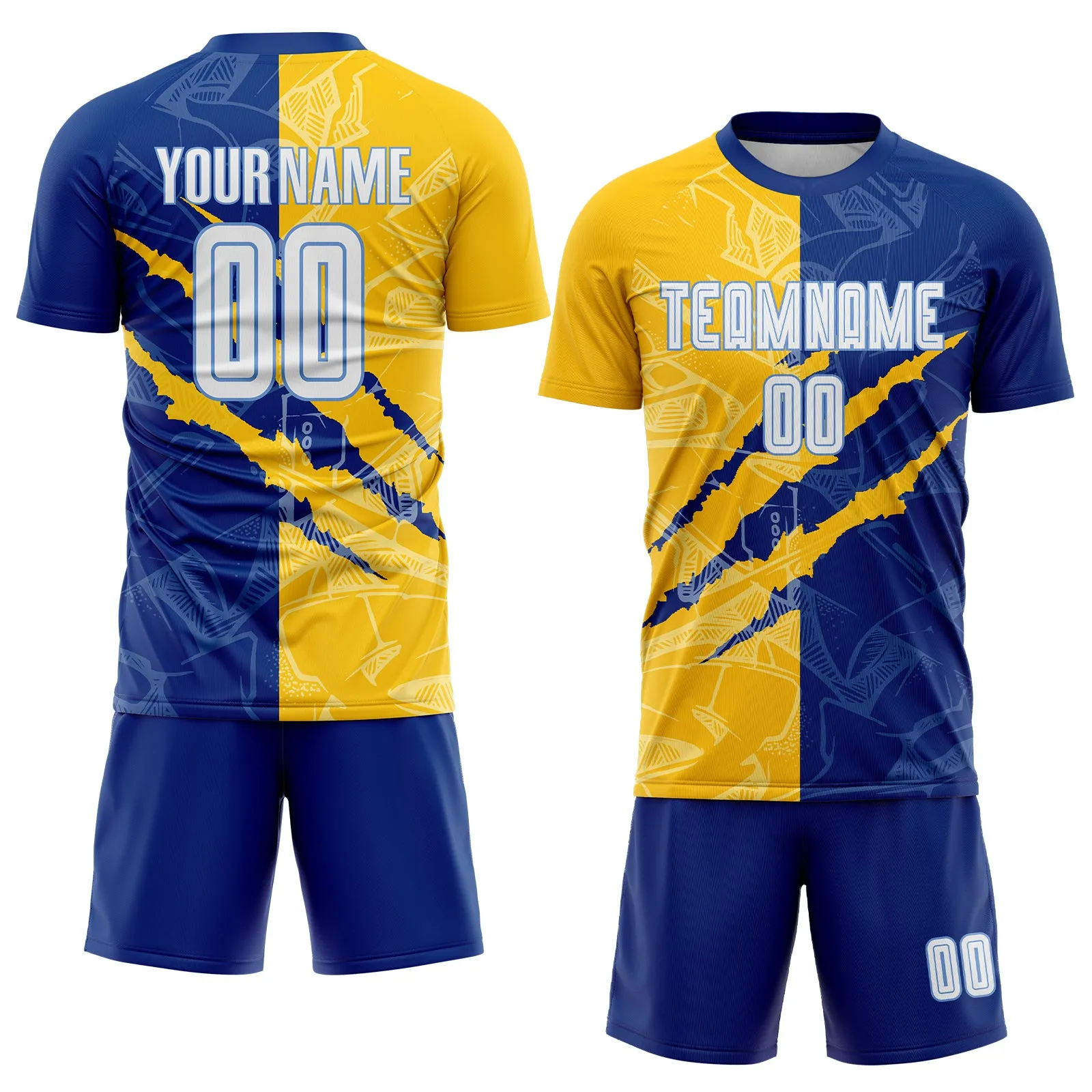 Custom Graffiti Pattern White Royal Yellow-Light Blue Scratch Sublimation Soccer Uniform Jersey FansIdea
