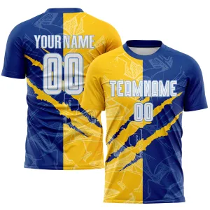 Custom Graffiti Pattern White Royal Yellow-Light Blue Scratch Sublimation Soccer Uniform Jersey FansIdea