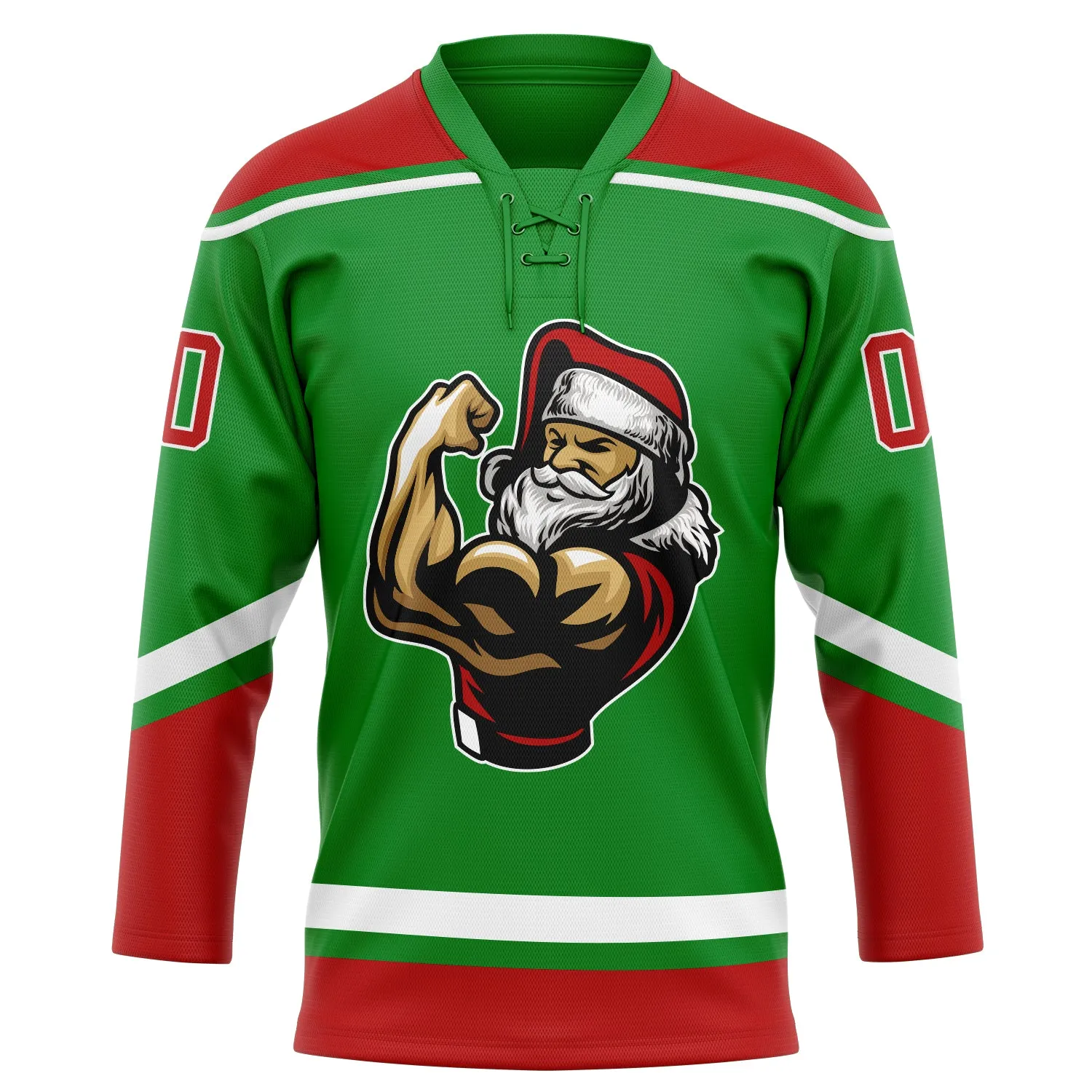 Custom Grass Green Red-White Christmas Santa Claus 3D Hockey Lace Neck Jersey FansIdea