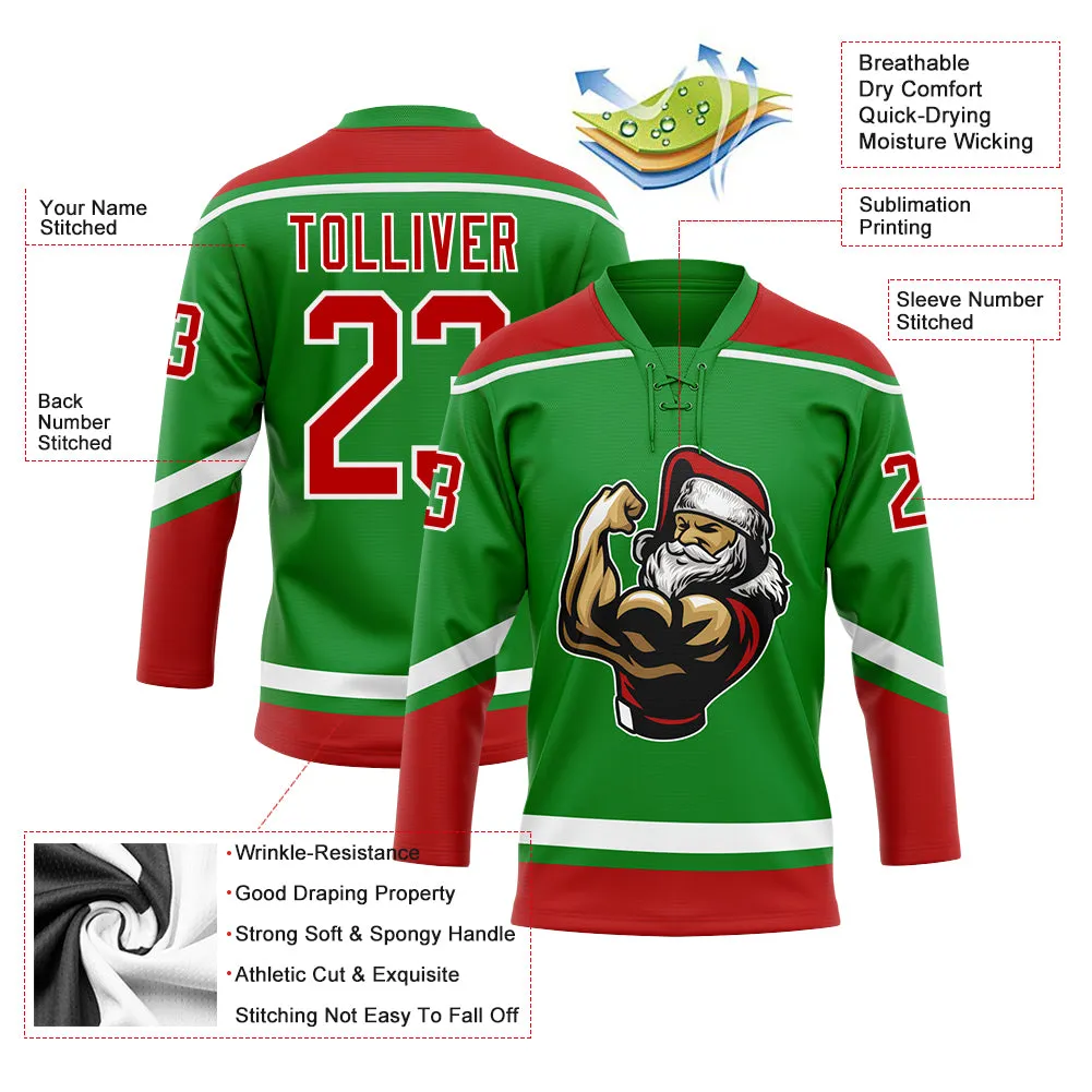 Custom Grass Green Red-White Christmas Santa Claus 3D Hockey Lace Neck Jersey FansIdea
