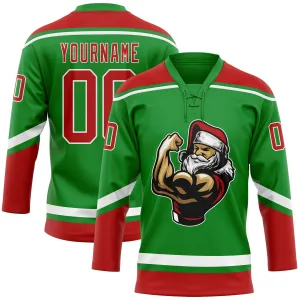 Custom Grass Green Red-White Christmas Santa Claus 3D Hockey Lace Neck Jersey FansIdea