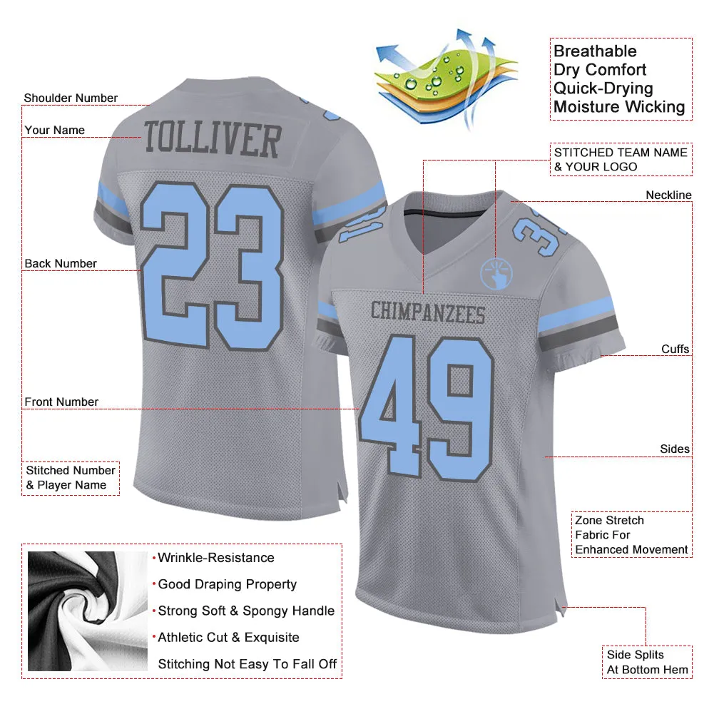 Custom Gray Light Blue-Steel Gray Mesh Authentic Football Jersey FansIdea