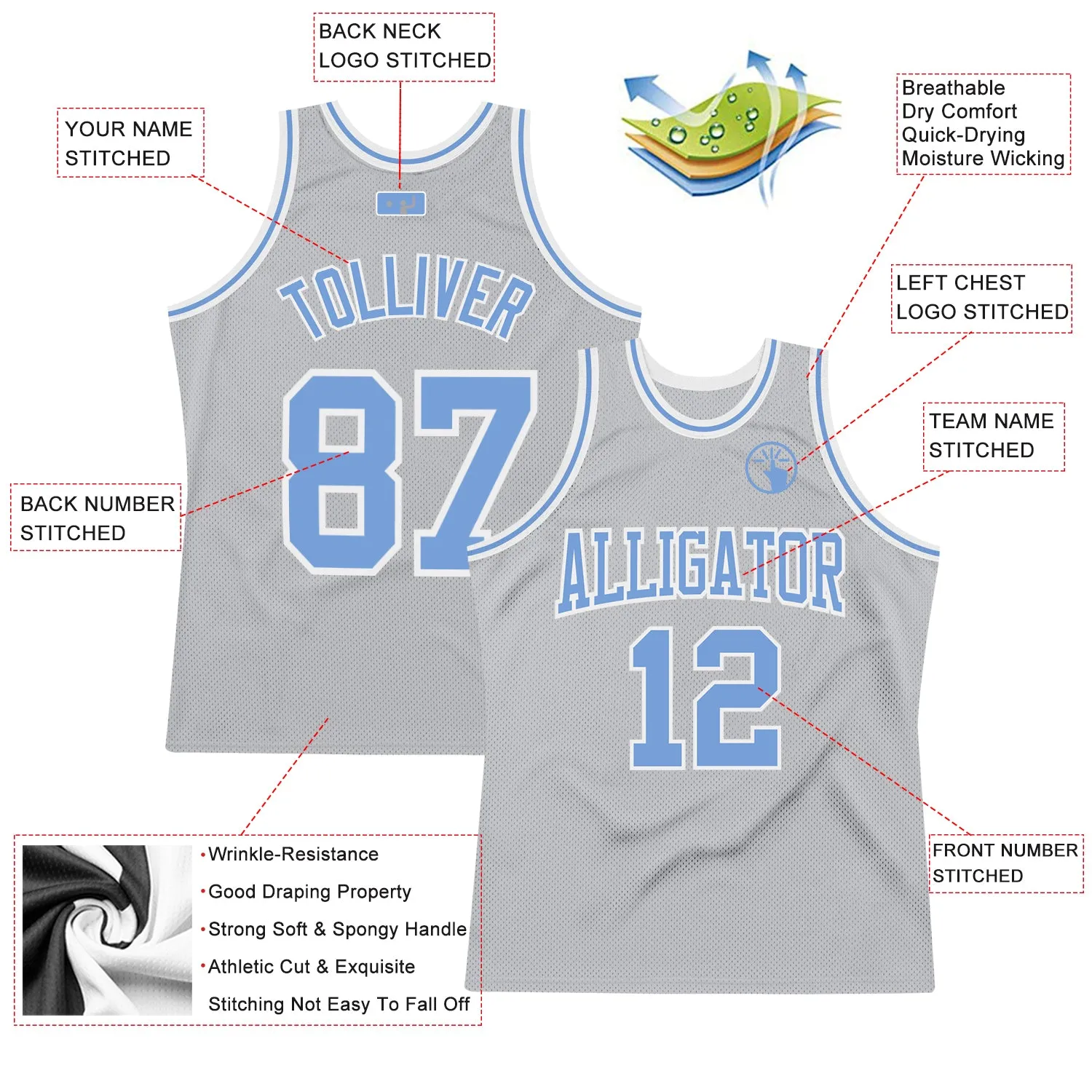 Custom Gray Light Blue-White Authentic Throwback Basketball Jersey FansIdea