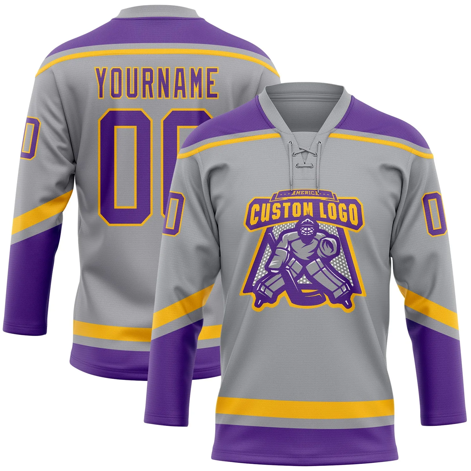 Custom Gray Purple-Gold Hockey Lace Neck Jersey FansIdea