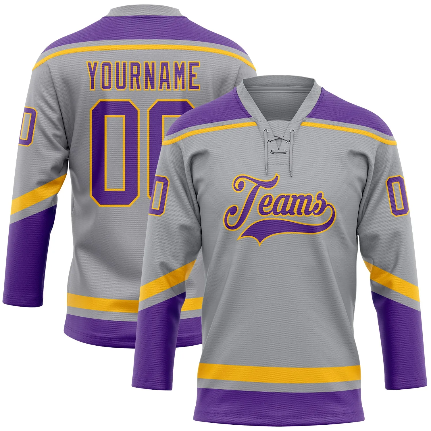 Custom Gray Purple-Gold Hockey Lace Neck Jersey FansIdea