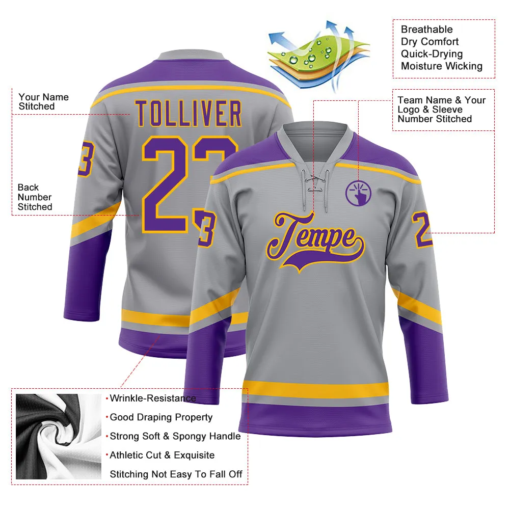 Custom Gray Purple-Gold Hockey Lace Neck Jersey FansIdea