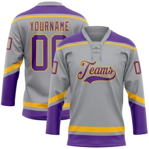 Custom Gray Purple-Gold Hockey Lace Neck Jersey FansIdea