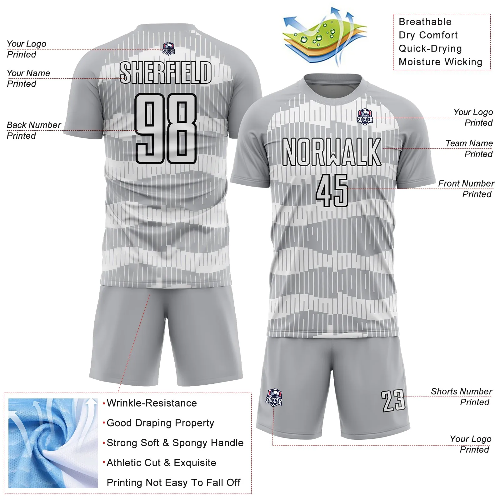 Custom Gray White-Black Pinstripe Sublimation Soccer Uniform Jersey FansIdea