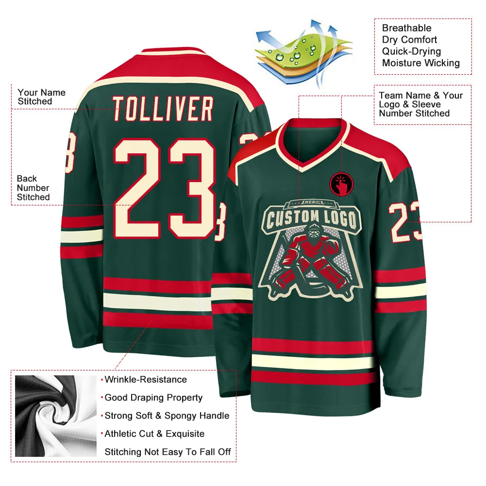 Custom Green Cream-Red Hockey Jersey FansIdea