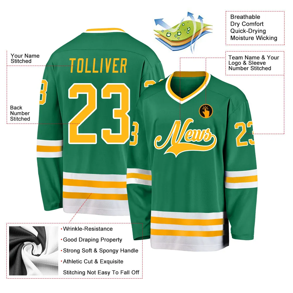 Custom Kelly Green Gold-White Hockey Jersey FansIdea