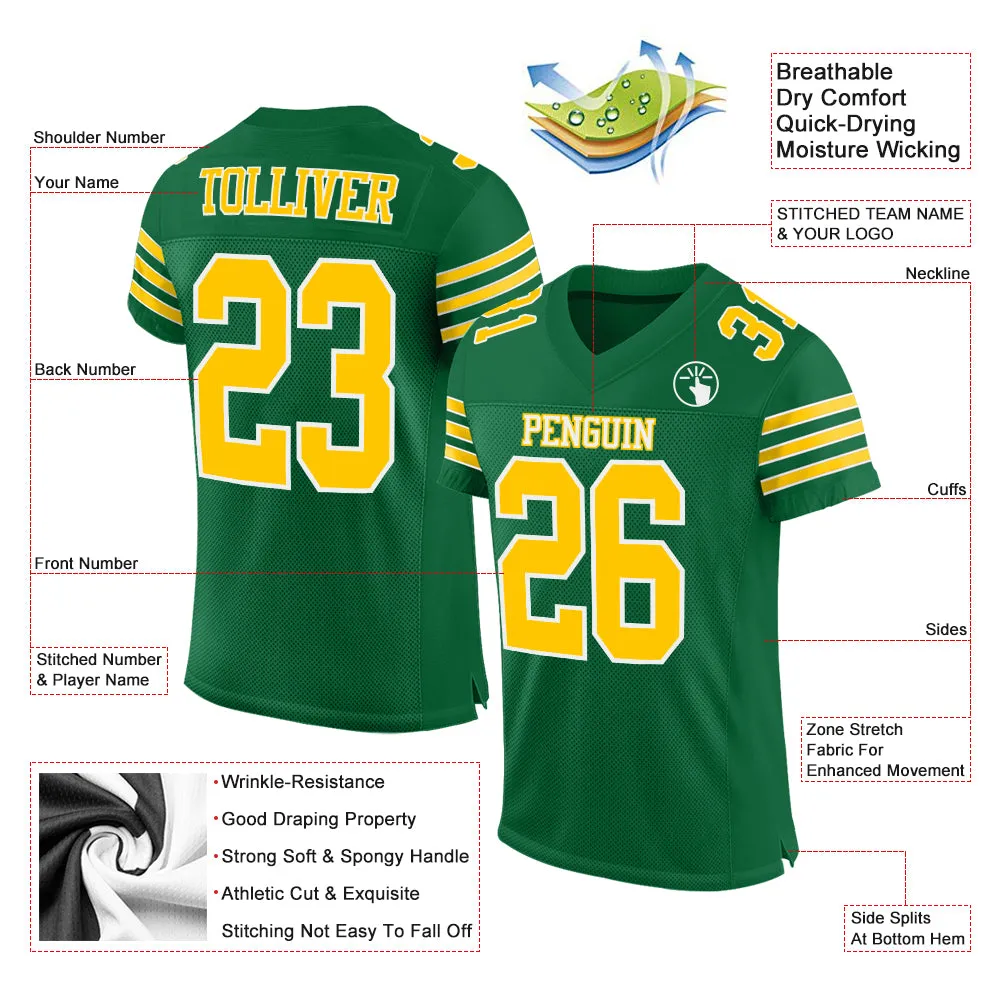 Custom Kelly Green Gold-White Mesh Authentic Football Jersey FansIdea