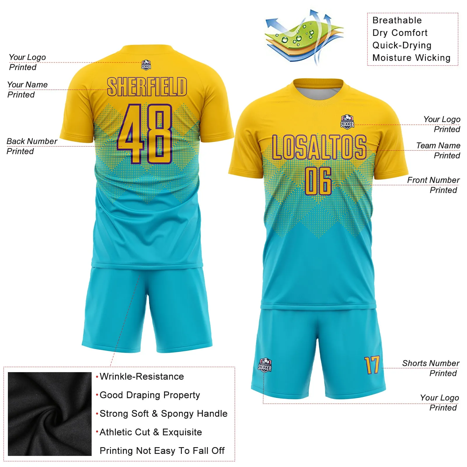 Custom Lakes Blue Gold-Purple Sublimation Soccer Uniform Jersey FansIdea