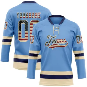 Custom Light Blue Vintage USA Flag Cream-Navy Hockey Lace Neck Jersey FansIdea