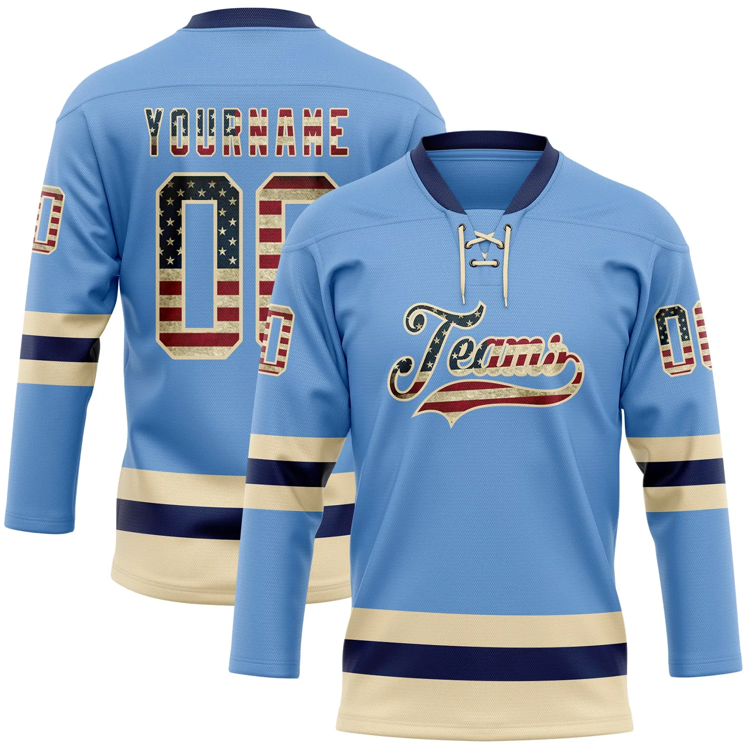 Custom Light Blue Vintage USA Flag Cream-Navy Hockey Lace Neck Jersey FansIdea