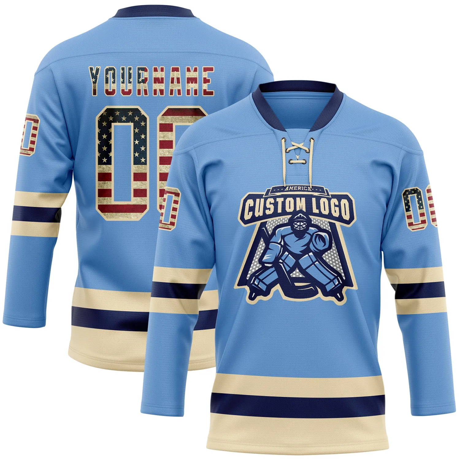 Custom Light Blue Vintage USA Flag Cream-Navy Hockey Lace Neck Jersey FansIdea