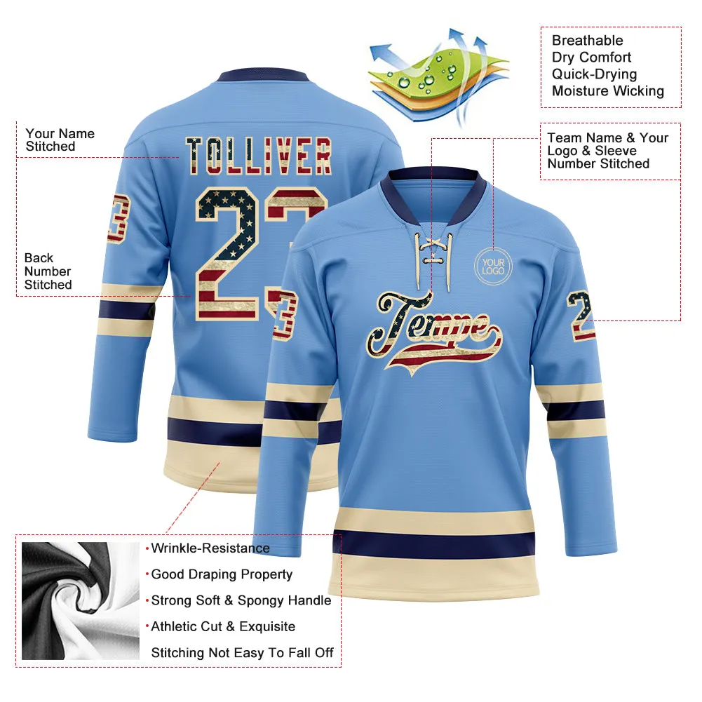 Custom Light Blue Vintage USA Flag Cream-Navy Hockey Lace Neck Jersey FansIdea