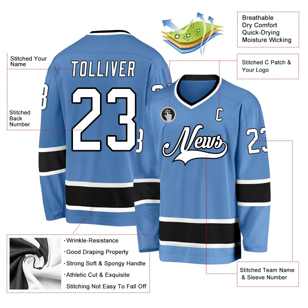 Custom Light Blue White-Black Hockey Jersey FansIdea